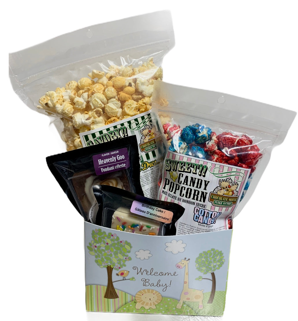 Welcome Baby $35 Fudge/Popcorn Basket