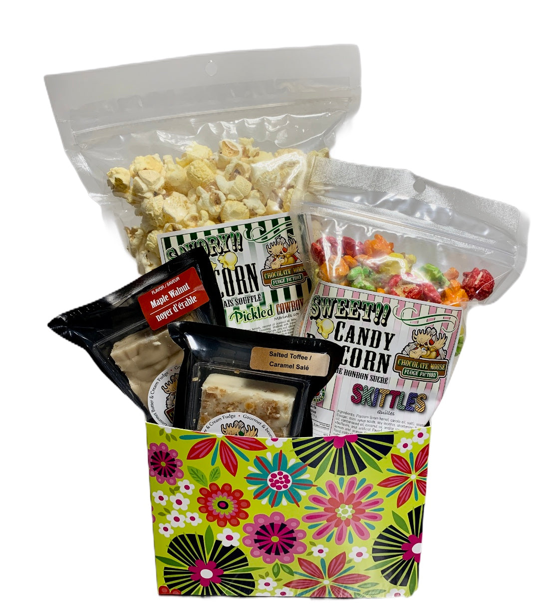Retro Flower Power $35 Fudge/Popcorn Gift Basket