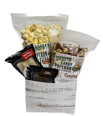 White distressed $35 Fudge/Popcorn Gift Basket