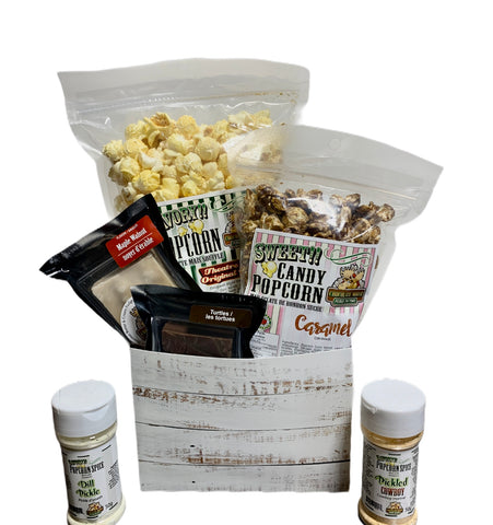 White Distressed $45 Fudge/Popcorn Gift Basket